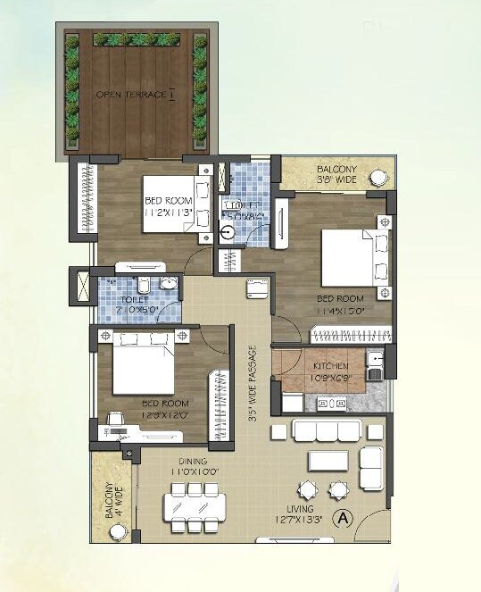 Floor plan of 3 BHK Apartment - 1555 sq. ft. in Vinayak Blossom County, Kolkata
