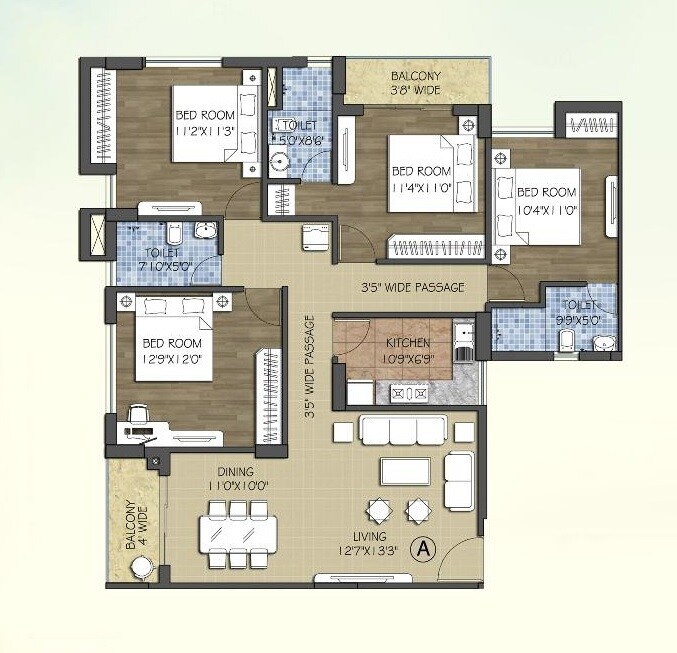 Floor plan of 4 BHK Apartment - 1805 sq. ft. in Vinayak Blossom County, Kolkata