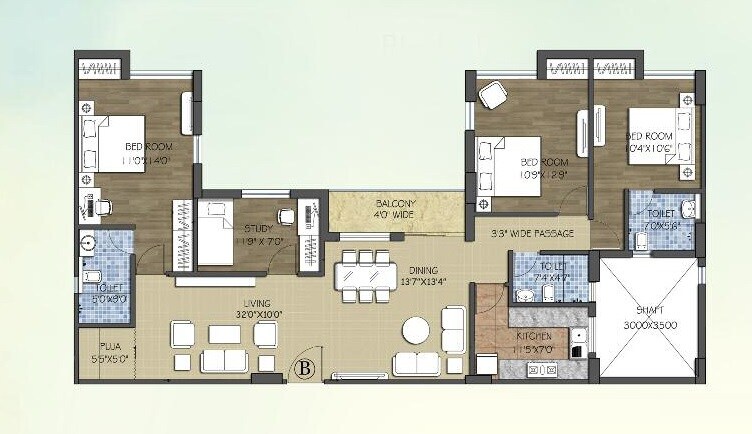 Floor plan of 4 BHK Apartment - 1835 sq. ft. in Vinayak Blossom County, Kolkata