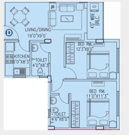 Floor plan of 2 BHK 887 Sq. Ft. Apartment in Vinayak Citrus Cove, Kolkata