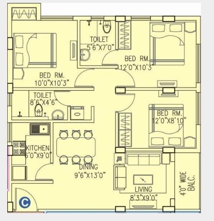 Floor plan of 2 BHK 910 Sq. Ft. Apartment in Vinayak Citrus Cove, Kolkata