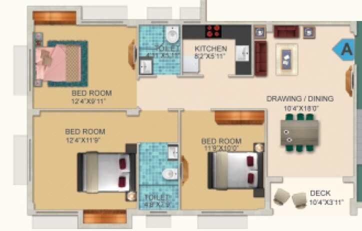 Floor plan of 3 BHK 1246 Sq. Ft. Apartment in Vinayak Pride, Kolkata
