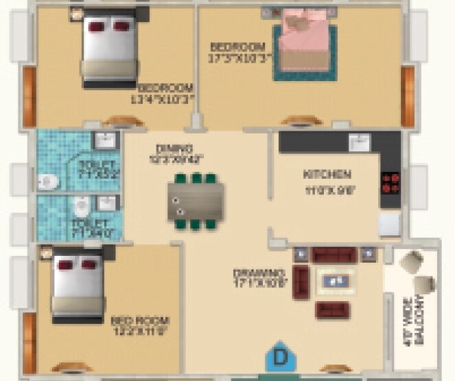 Floor plan of 3 BHK 1400 Sq. Ft. Apartment in Vinayak Pride, Kolkata