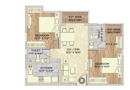 Floor plan of 2 BHK 985 Sq. Ft. Apartment in Vinayak Vista, Kolkata
