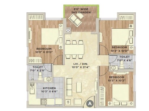 Floor plan of 3 BHK 1244 Sq. Ft. Apartment in Vinayak Vista, Kolkata