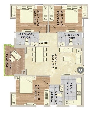 Floor plan of 3 BHK 1491 Sq. Ft. Apartment in Vinayak Vista, Kolkata
