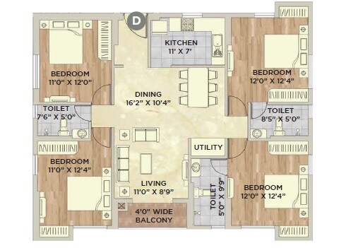 Floor plan of 4 BHK 1771 Sq. Ft. Apartment in Vinayak Vista, Kolkata