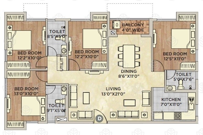Floor plan of 4 BHK 1832 Sq. Ft. Apartment in Vinayak Vista, Kolkata