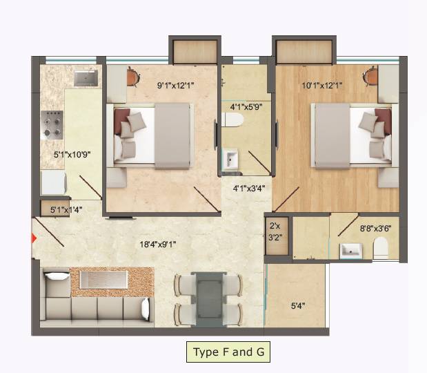 Floor plan of 2 BHK 899 Sq. Ft. Apartment in Vindhya Sparsh, Kolkata