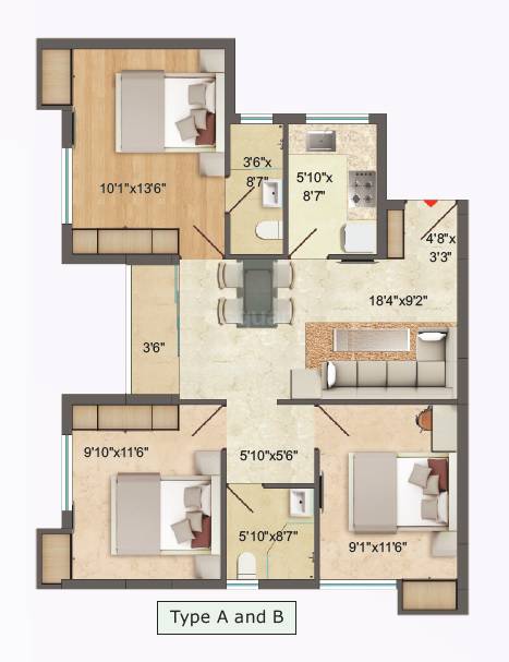 Floor plan of 3 BHK 1097 Sq. Ft. Apartment in Vindhya Sparsh, Kolkata