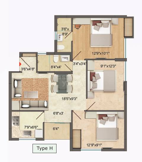 Floor plan of 3 BHK 1104 Sq. Ft. Apartment in Vindhya Sparsh, Kolkata