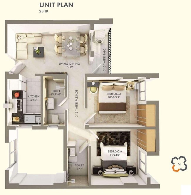 Floor plan of 2 BHK 796 Sq. Ft. Apartment in Vishnu Happy Homes, Kolkata