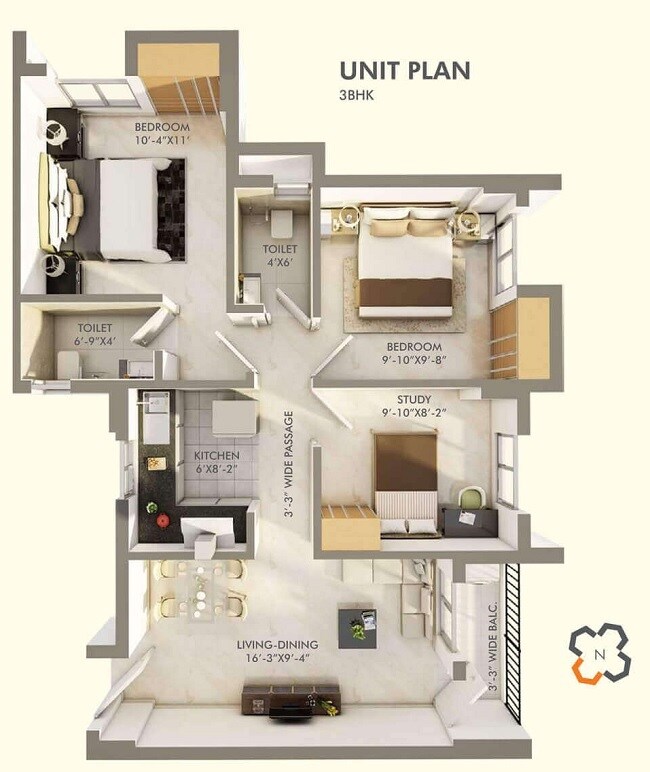 Floor plan of 3 BHK 971 Sq. Ft. Apartment in Vishnu Happy Homes, Kolkata