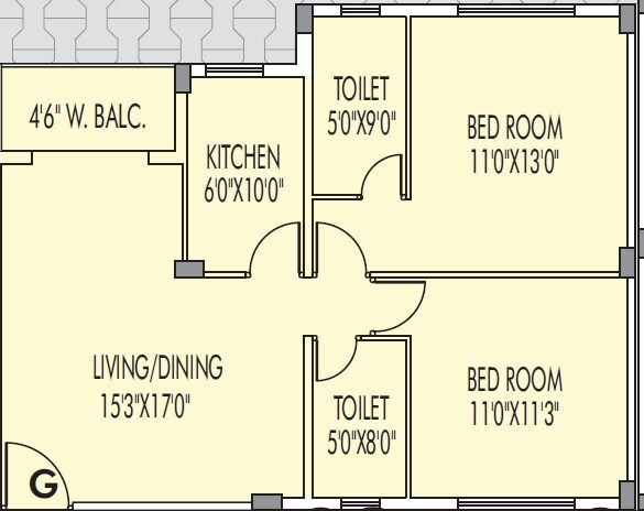Floor plan of 2 BHK 1052 Sq. Ft. Apartment in Vishnu Regency, Kolkata