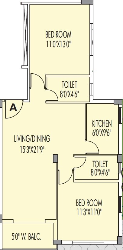 Floor plan of 2 BHK 1100 Sq. Ft. Apartment in Vishnu Regency, Kolkata