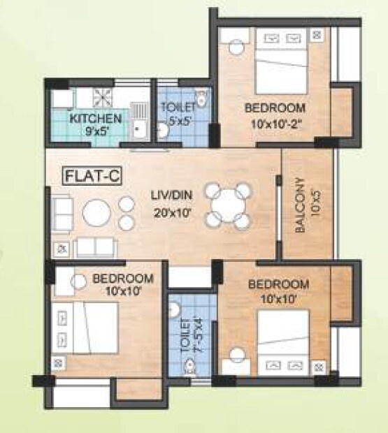 Floor plan of 3 BHK 640 Sq. Ft. Apartment in Westroad Heights, Kolkata