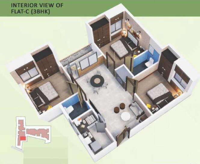 Floor plan of 3 BHK 711 Sq. Ft. Apartment in Westroad Heights, Kolkata