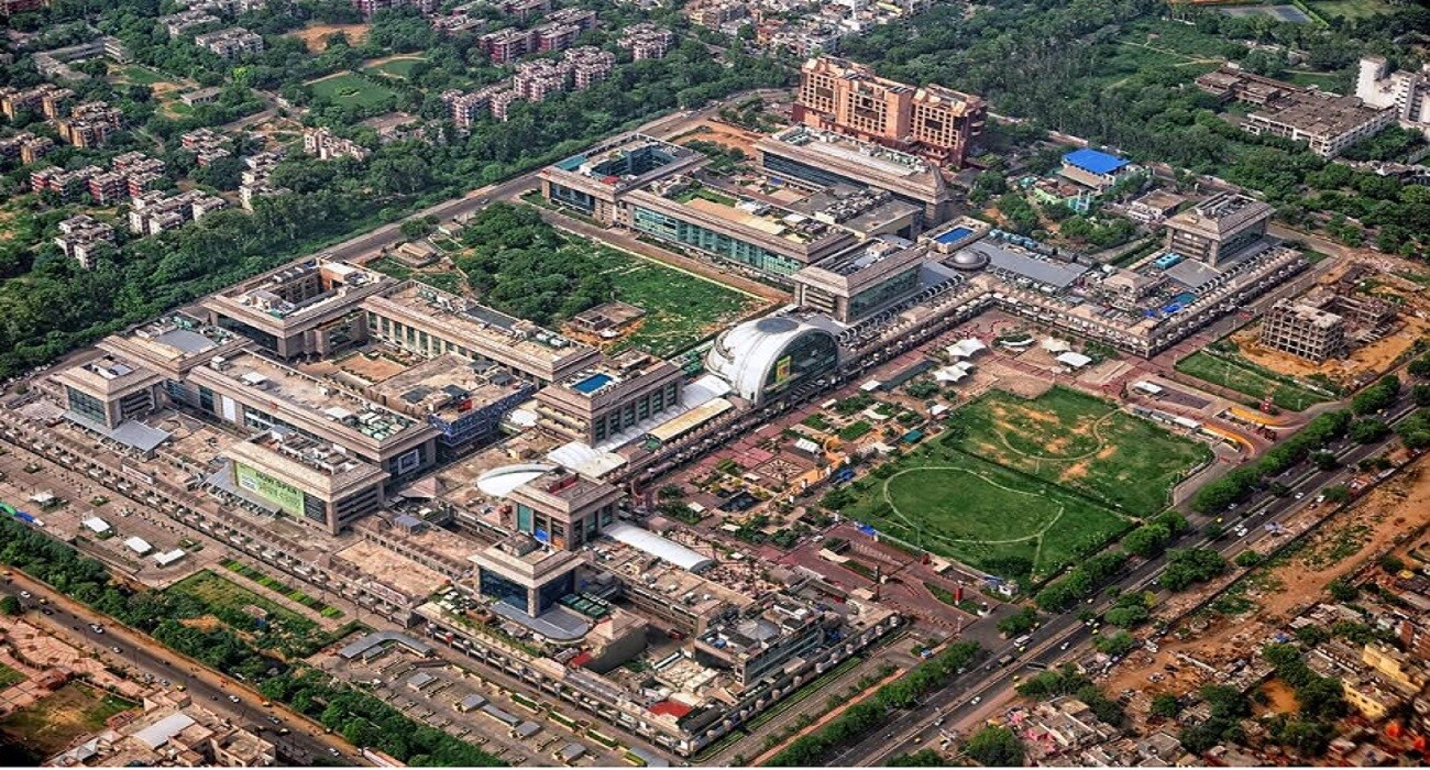 Saket_a cityscape of a city with a large building