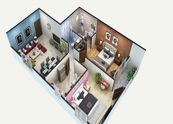 Floor plan of 2 BHK 1050 Sq. Ft. Apartment in Aarohan Crystal Flora Apartments, Lucknow