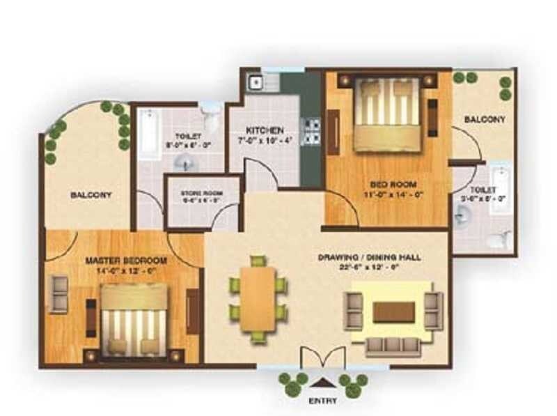 Floor plan of 2 BHK 858 Sq. Ft. Apartment in Aditya Kaanha Residency, Lucknow