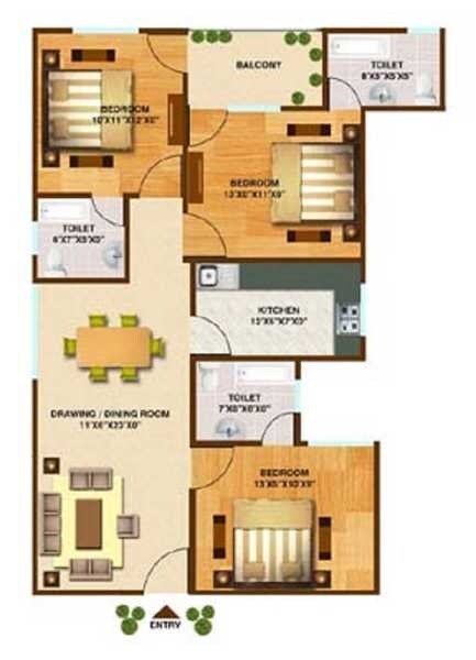 Floor plan of 3 BHK 1271 Sq. Ft. Apartment in Aditya Kaanha Residency, Lucknow