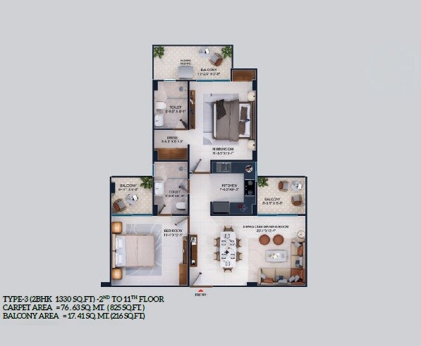 Floor plan of 2 BHK Apartment - 1330 sq. ft. in Amba Harmony, Lucknow