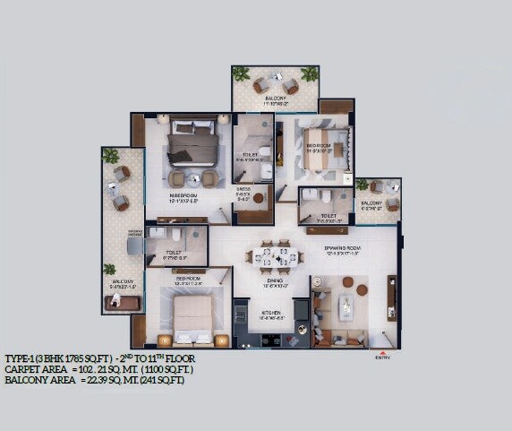 Floor plan of 3 BHK Apartment - 1785 sq. ft. in Amba Harmony, Lucknow