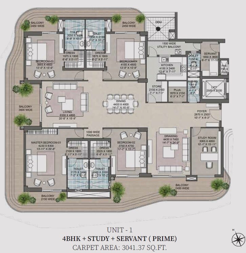 Floor plan of 4 BHK 3041 Sq. Ft. Apartment in ANS Pinnacle GH 13, Lucknow