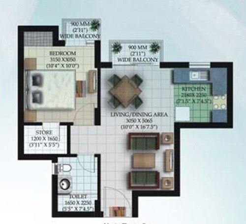 Floor plan of 1 BHK 795 Sq. Ft. Apartment in Ansal API Santushti Enclave, Lucknow