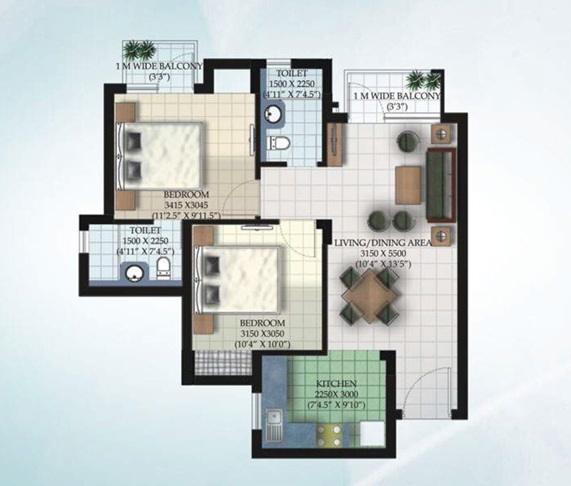 Floor plan of 2 BHK 1034 Sq. Ft. Apartment in Ansal API Santushti Enclave, Lucknow