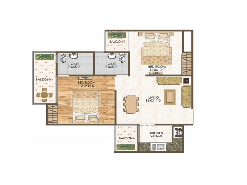 Floor plan of 2 BHK 1000 Sq. Ft. Apartment in Antriksh India Abril Green, Lucknow