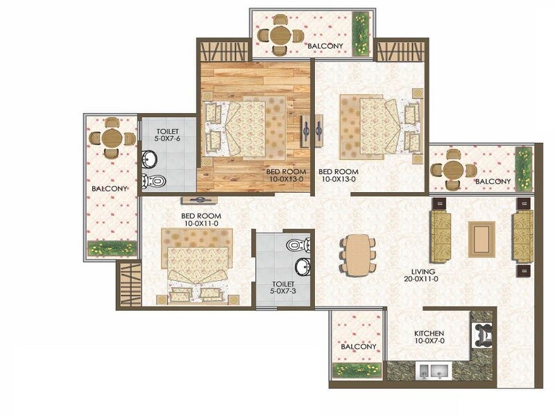 Floor plan of 3 BHK 1410 Sq. Ft. Apartment in Antriksh India Abril Green, Lucknow