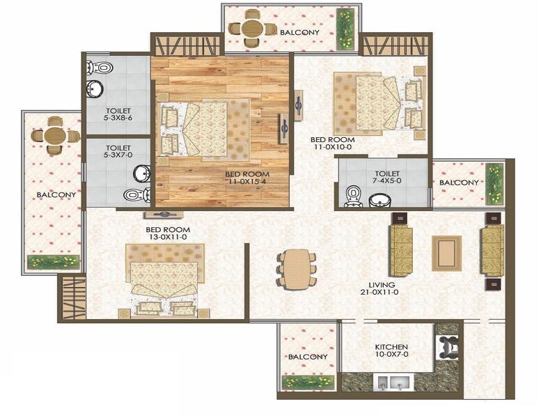 Floor plan of 3 BHK 1425 Sq. Ft. Apartment in Antriksh India Abril Green, Lucknow