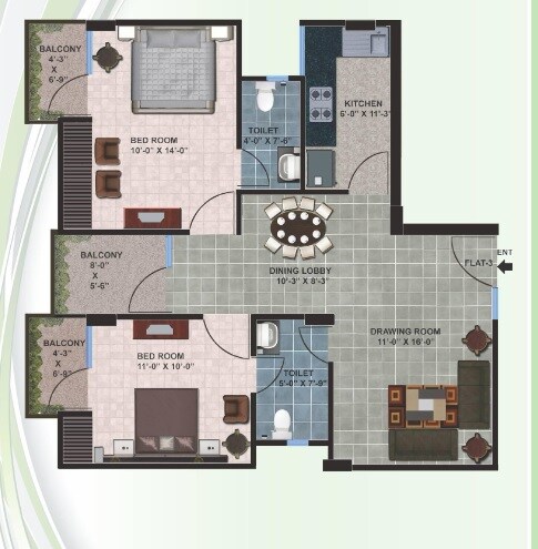 Floor plan of 2 BHK 1096 Sq. Ft. Apartment in Aqama Paradise Palm, Lucknow