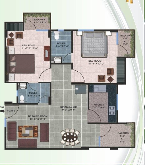 Floor plan of 2 BHK 1212 Sq. Ft. Apartment in Aqama Paradise Palm, Lucknow