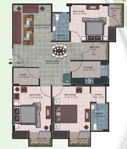 Floor plan of 3 BHK 1384 Sq. Ft. Apartment in Aqama Paradise Palm, Lucknow