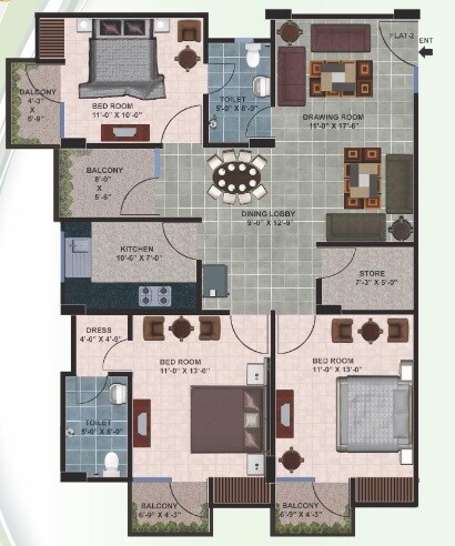 Floor plan of 3 BHK 1517 Sq. Ft. Apartment in Aqama Paradise Palm, Lucknow