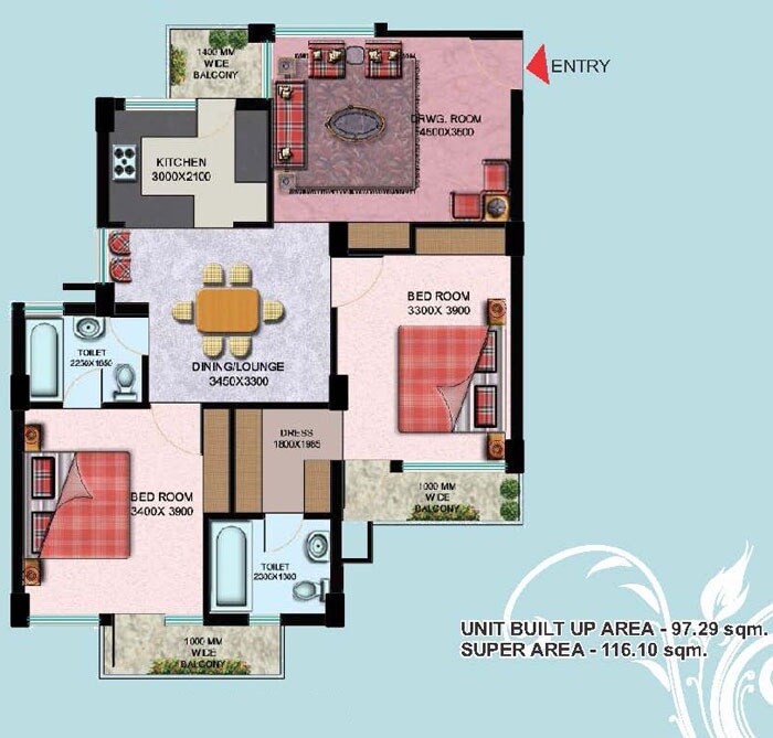 Floor plan of 2 BHK 1250 Sq. Ft. Apartment in Aravali Enclave, Lucknow