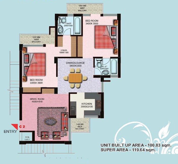 Floor plan of 2 BHK 1288 Sq. Ft. Apartment in Aravali Enclave, Lucknow