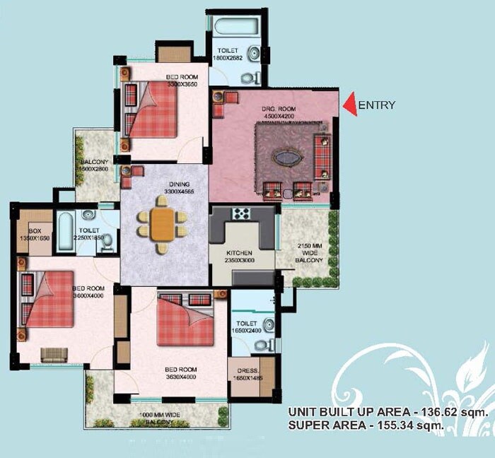 Floor plan of 3 BHK 1672 Sq. Ft. Apartment in Aravali Enclave, Lucknow