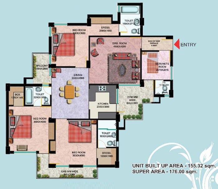 Floor plan of 3 BHK 1894 Sq. Ft. Apartment in Aravali Enclave, Lucknow