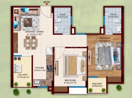 Floor plan of 2 BHK 590 Sq. Ft. Apartment in Arsha Madhav Residency, Lucknow