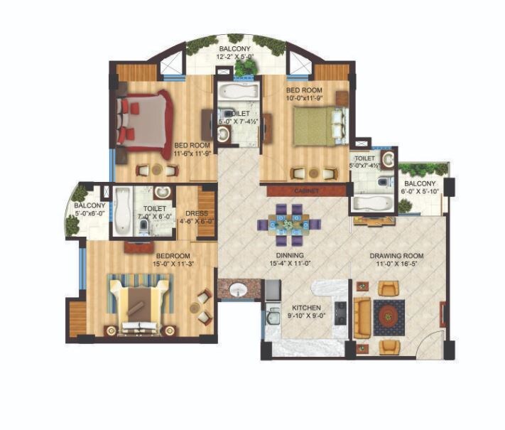 Floor plan of 3 BHK 1573 Sq. Ft. Apartment in Arsha Sumangalam Vrindavan Yojana, Lucknow