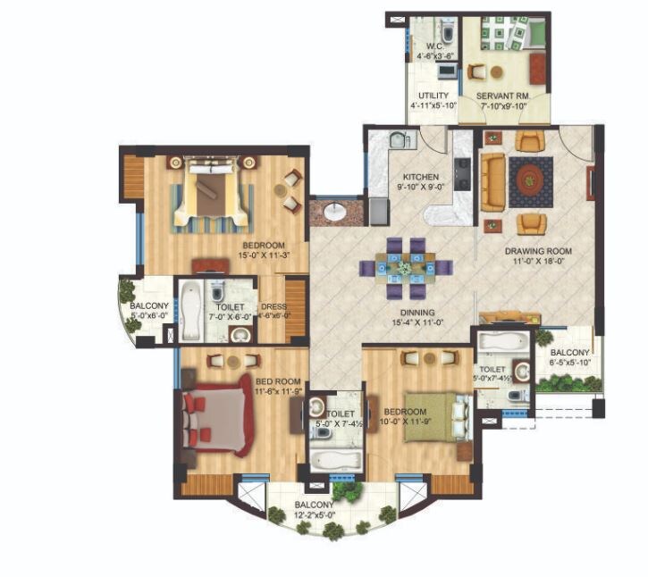 Floor plan of 3 BHK 1769 Sq. Ft. Apartment in Arsha Sumangalam Vrindavan Yojana, Lucknow