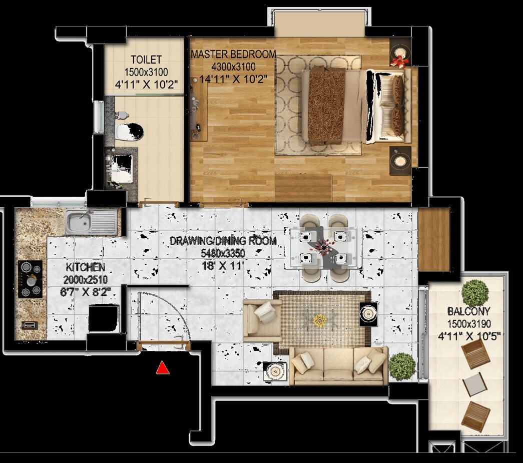Floor plan of 1 BHK 764 Sq. Ft. Apartment in Aryavarta Empire, Lucknow