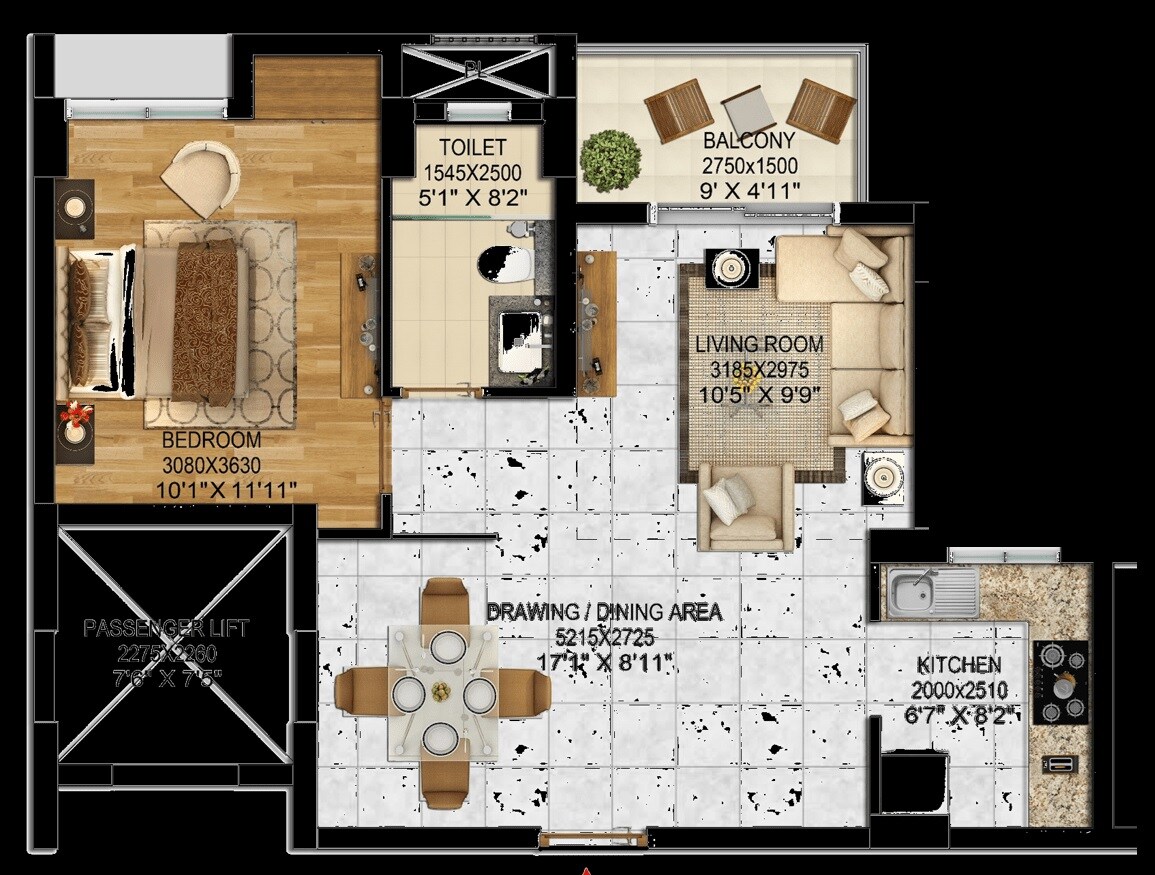 Floor plan of 1 BHK 844 Sq. Ft. Apartment in Aryavarta Empire, Lucknow