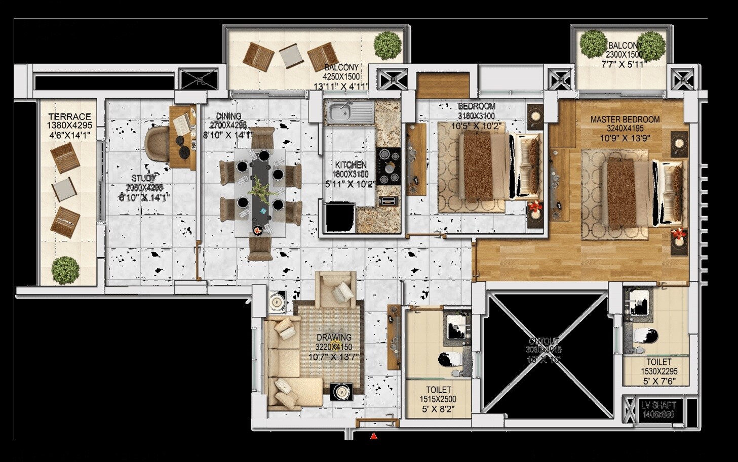 Floor plan of 3 BHK 1495 Sq. Ft. Apartment in Aryavarta Empire, Lucknow