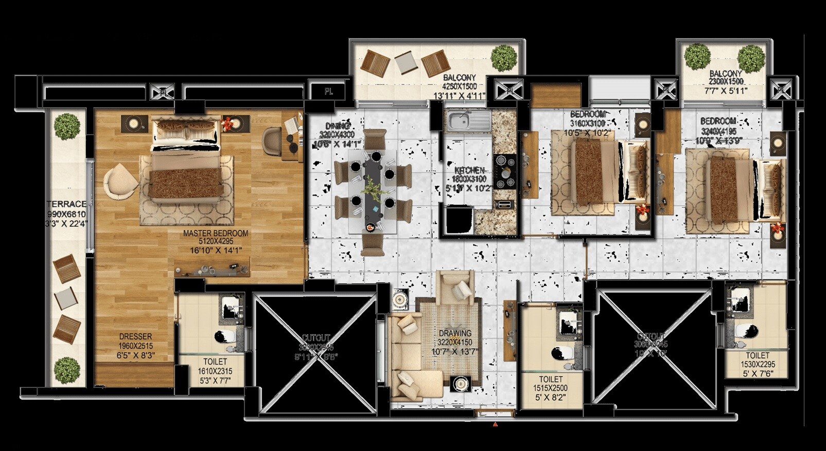Floor plan of 3 BHK 1889 Sq. Ft. Apartment in Aryavarta Empire, Lucknow