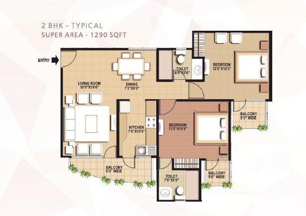Floor plan of 2 BHK 1290 Sq. Ft. Apartment in Astha August Avenue, Lucknow