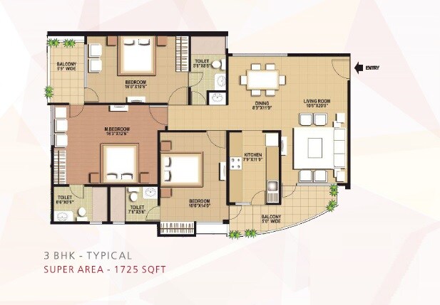 Floor plan of 3 BHK 1725 Sq. Ft. Apartment in Astha August Avenue, Lucknow
